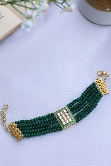 Gold Plated Green Kundan Polki & Natural Stone Bracelet