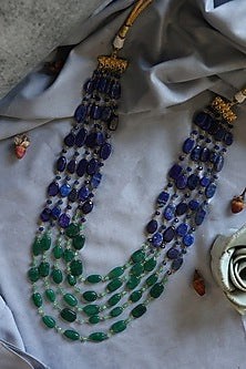 Gold Plated Lapis Lazuli & Green Natural Stone Layered Necklace