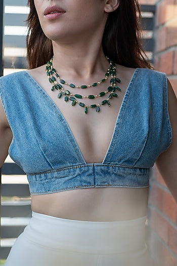 Gold Plated Green Natural Stone Layered Necklace