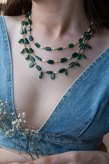 Gold Plated Green Natural Stone Layered Necklace