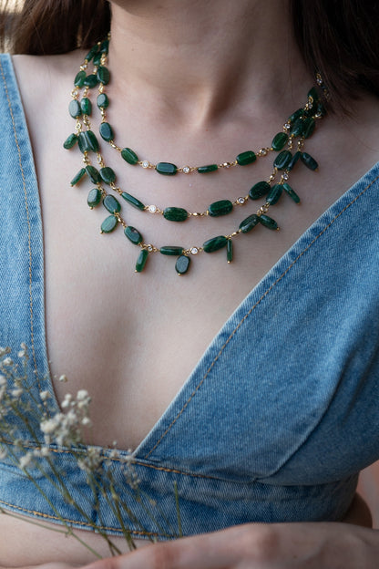 Gold Plated Green Natural Stone Layered Necklace