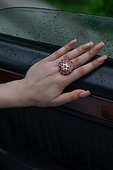 Gold Plated Kundan Polki Stone Floral Ring