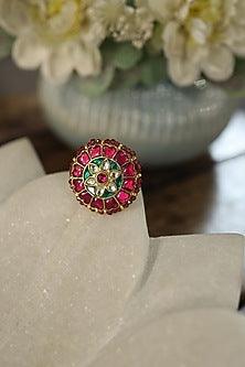 Gold Plated Kundan Polki Stone Floral Ring