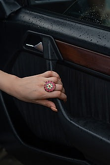 Gold Plated Kundan Polki Stone Floral Ring
