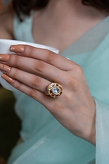 Gold Plated Red Kundan Polki Stone Ring
