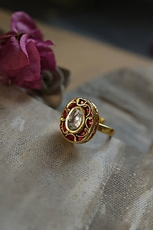 Gold Plated Red Kundan Polki Stone Ring