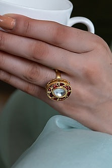 Gold Plated Red Kundan Polki Stone Ring