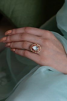 Gold Plated Red Kundan Polki Stone Ring