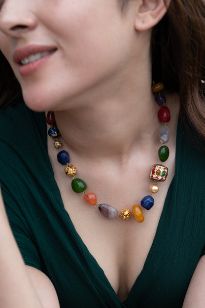 Gold Plated Navratna Stone Necklace