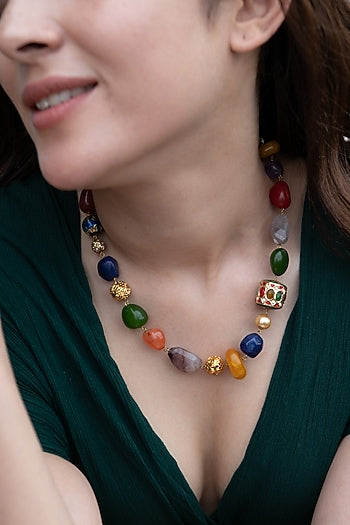 Gold Plated Navratna Stone Necklace