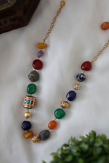 Gold Plated Navratna Stone Necklace