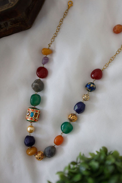 Gold Plated Navratna Stone Necklace