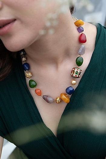 Gold Plated Navratna Stone Necklace