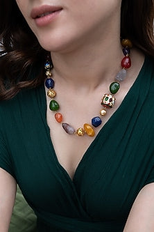 Gold Plated Navratna Stone Necklace