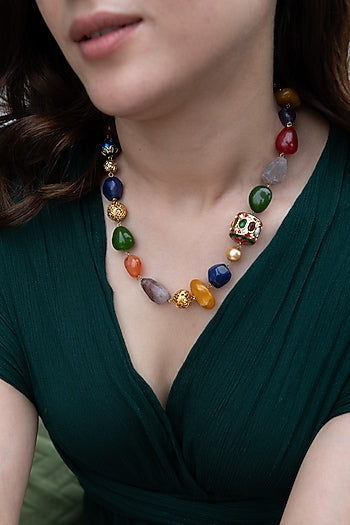 Gold Plated Navratna Stone Necklace