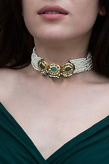 Gold Plated Kundan Polki & Green Onyx Choker Necklace