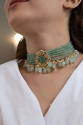 Gold Plated Mint Green Gemstone Choker Necklace