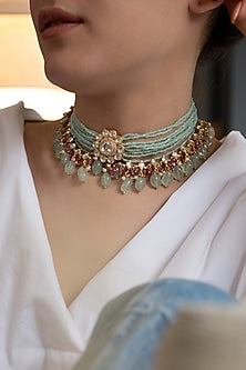 Gold Plated Turquoise Kundan Polki Stone & Red Onyx Choker Necklace