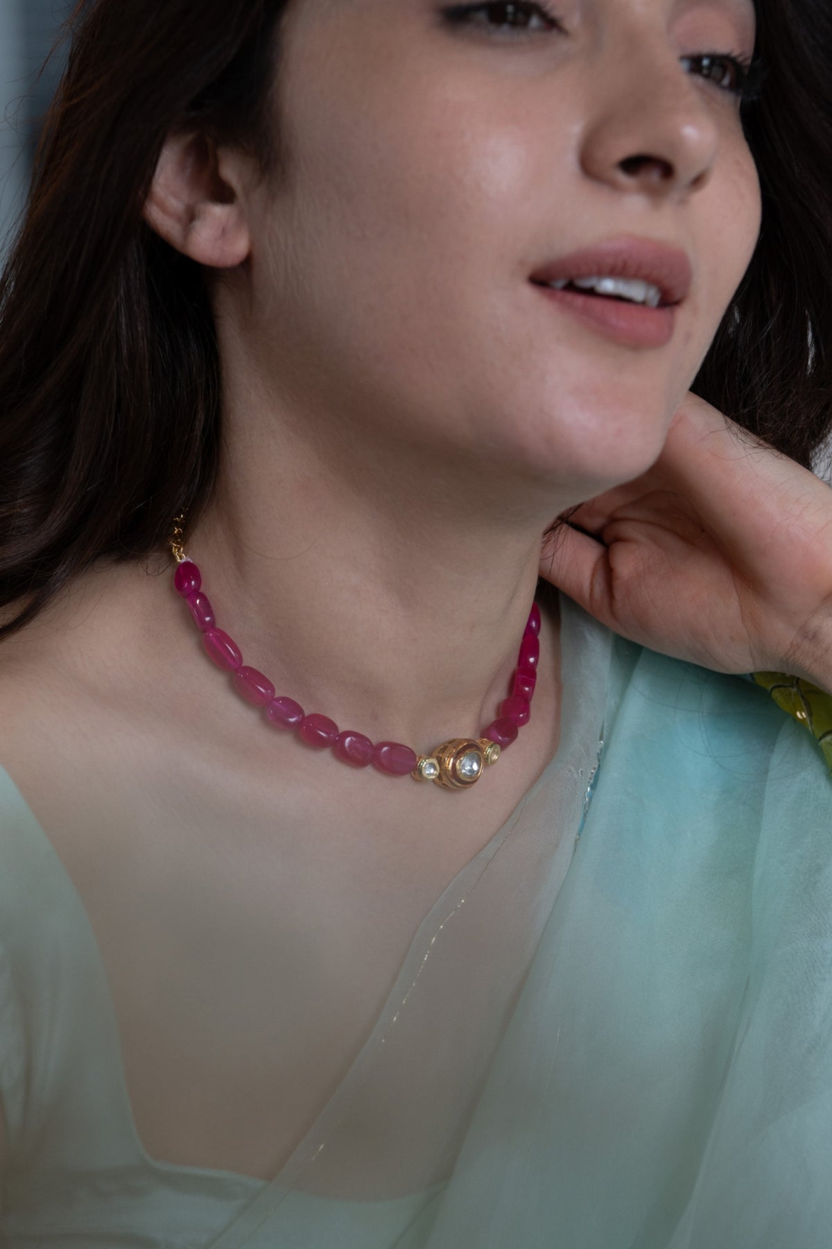 Gold Plated Red Kundan Polki & Agate Stone Choker Necklace