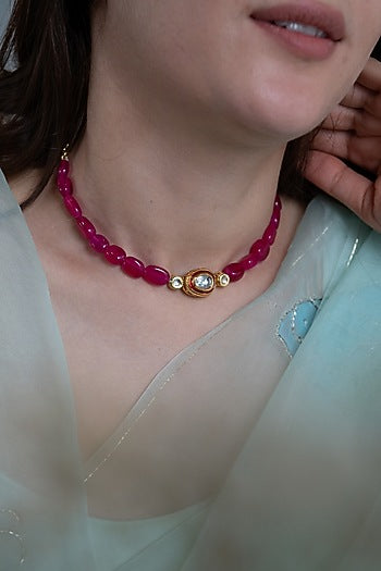 Gold Plated Red Kundan Polki & Agate Stone Choker Necklace