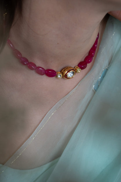 Gold Plated Red Kundan Polki & Agate Stone Choker Necklace