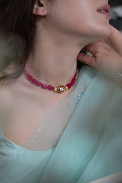 Gold Plated Red Kundan Polki & Agate Stone Choker Necklace