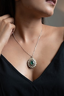 Gold Plated Emerald Green Stone & Kundan Polki Necklace