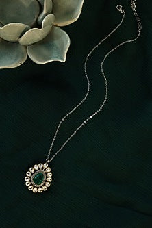 Gold Plated Emerald Green Stone & Kundan Polki Necklace