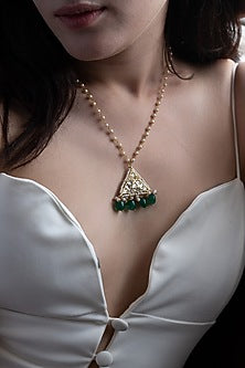 Gold Plated Kundan Polki & Green Stone Pendant Necklace Set