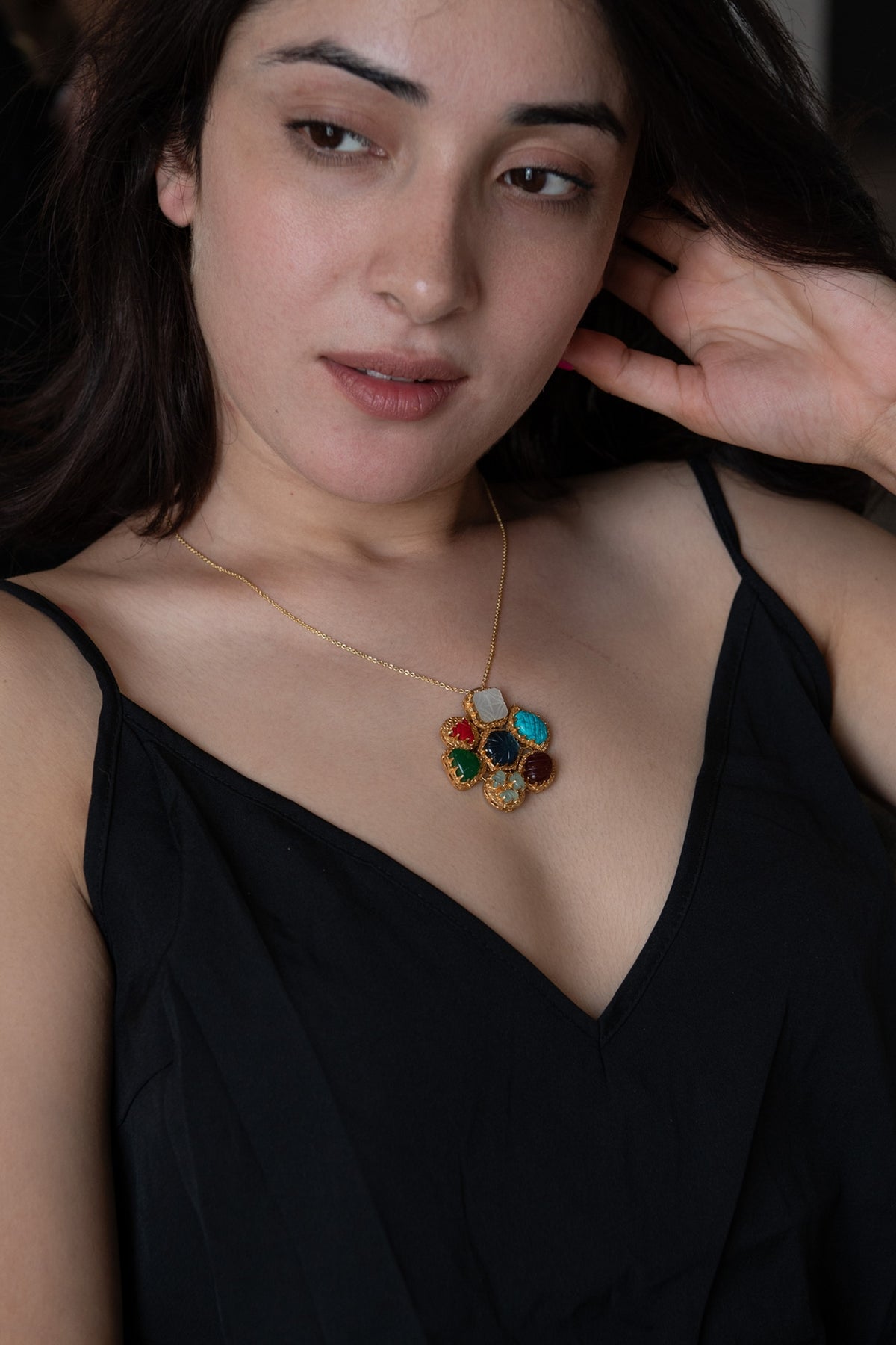 Gold Plated Multi-Colored Natural Stone Pendant Necklace
