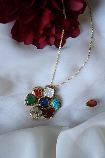 Gold Plated Multi-Colored Natural Stone Pendant Necklace