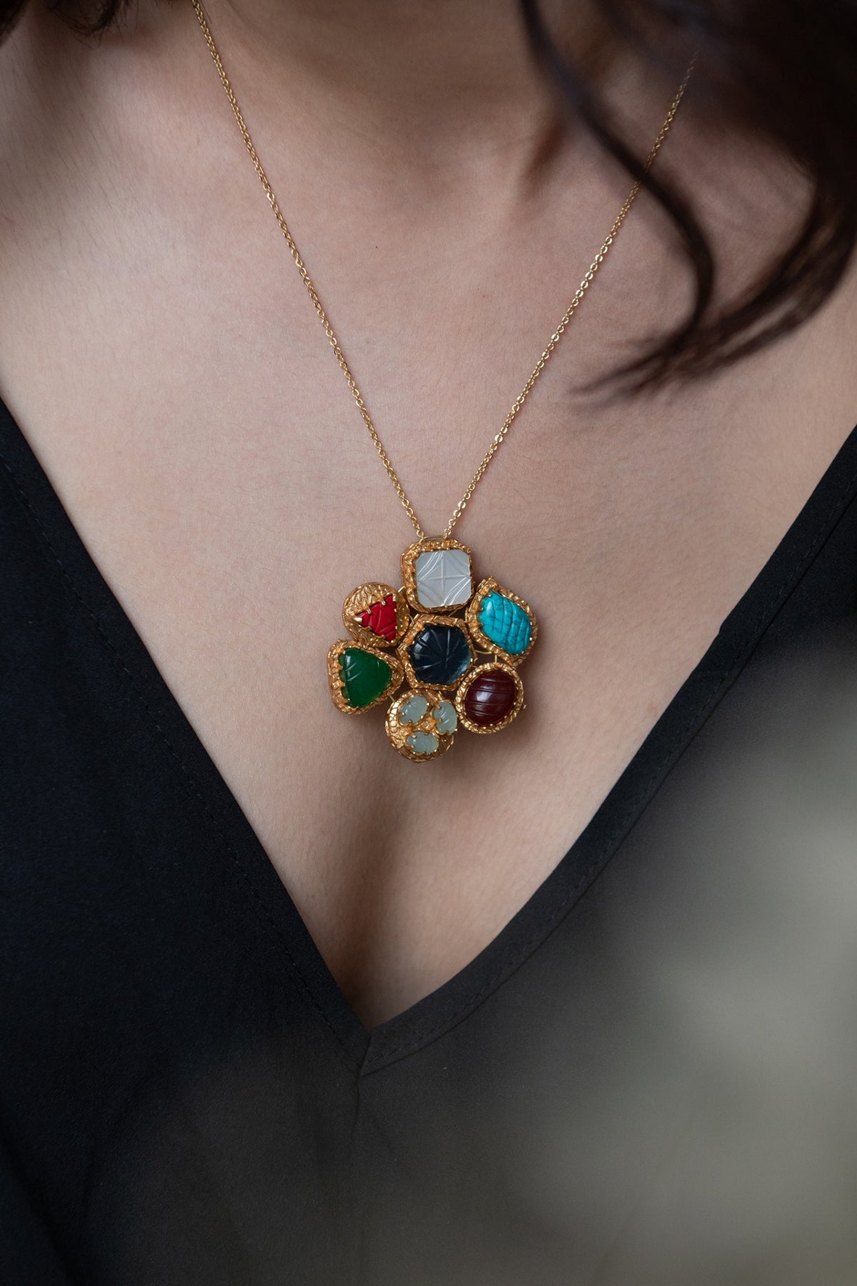 Gold Plated Multi-Colored Natural Stone Pendant Necklace