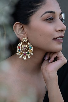 Gold Plated Kundan & Navratna Stone Chandbali Earrings