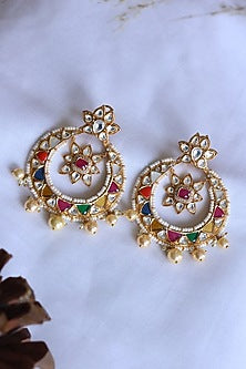 Gold Plated Kundan & Navratna Stone Chandbali Earrings