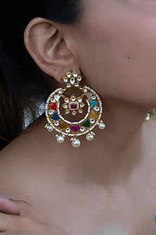 Gold Plated Kundan & Navratna Stone Chandbali Earrings