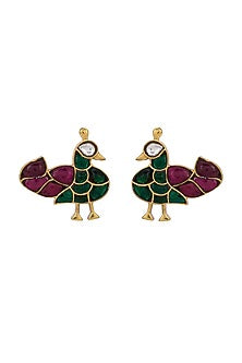 Gold Finish Pink Stone Stud Earring In Sterling Silver