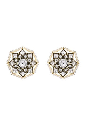 Gold Finish Kundan Polki Stud Earring In Sterling Silver