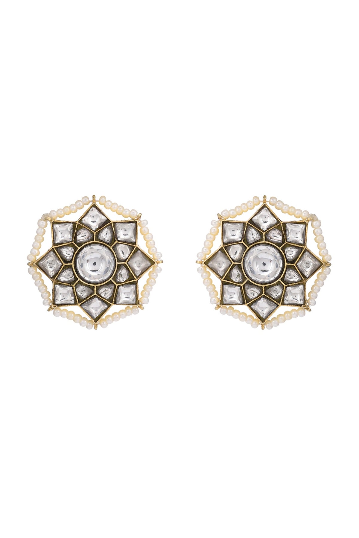 Gold Finish Kundan Polki Stud Earring In Sterling Silver