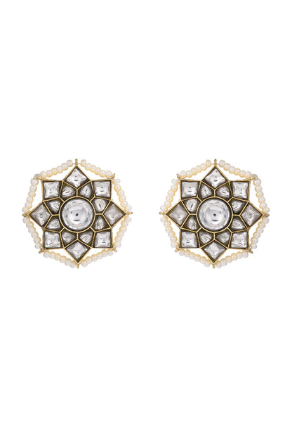Gold Finish Kundan Polki Stud Earring In Sterling Silver
