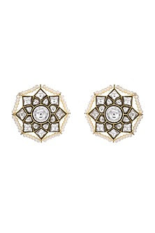Gold Finish Kundan Polki Stud Earring In Sterling Silver