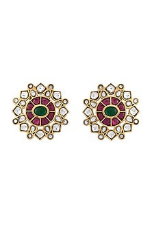 Gold Finish Kundan Polki & Pink Stone Stud Earring In Sterling Silver