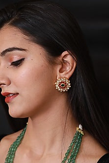 Gold Finish Kundan Polki & Pink Stone Stud Earring In Sterling Silver