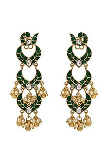 Gold Finish Green Stone Earrings In Sterling Silver