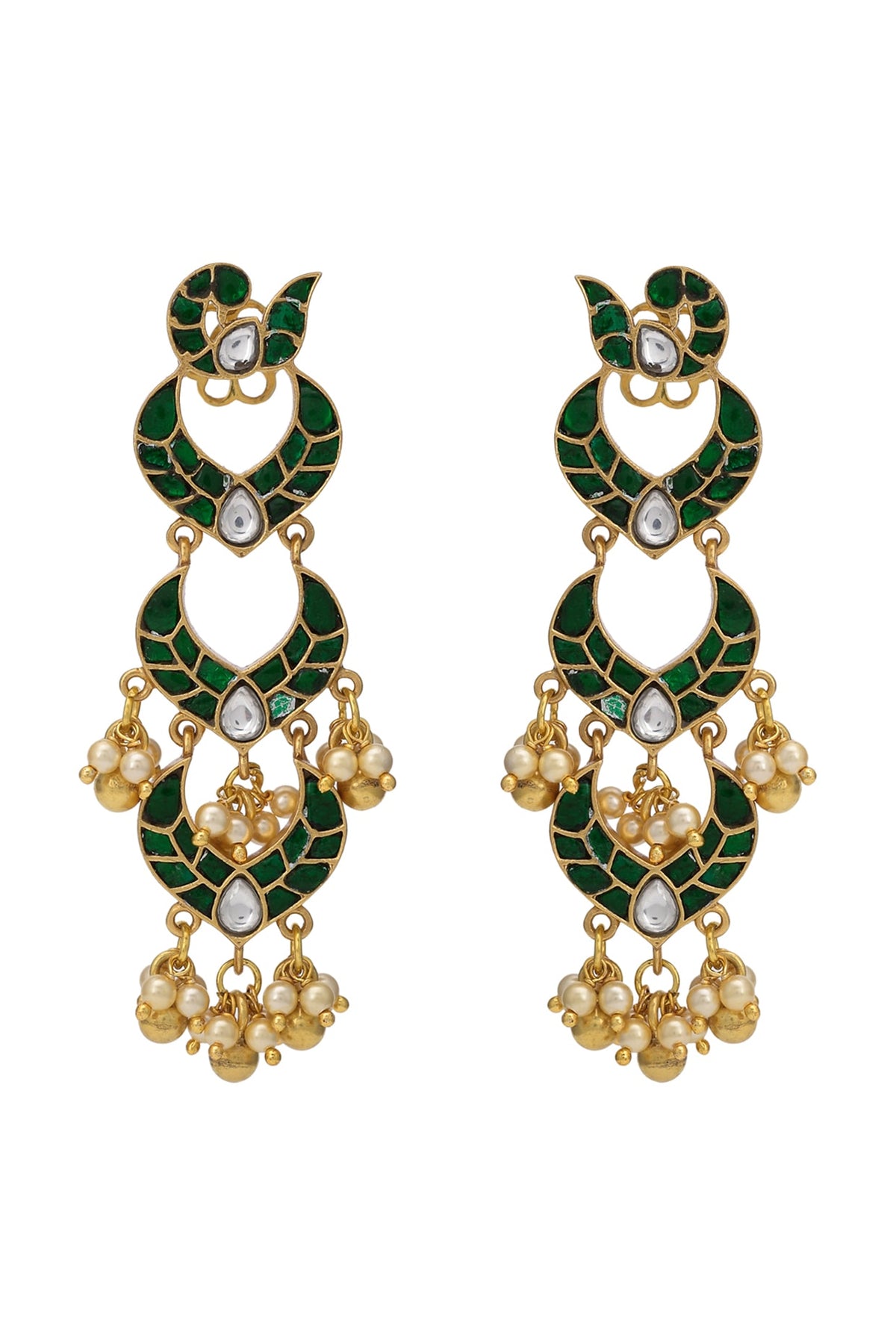 Gold Finish Green Stone Earrings In Sterling Silver