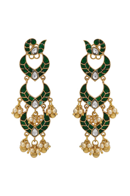 Gold Finish Green Stone Earrings In Sterling Silver