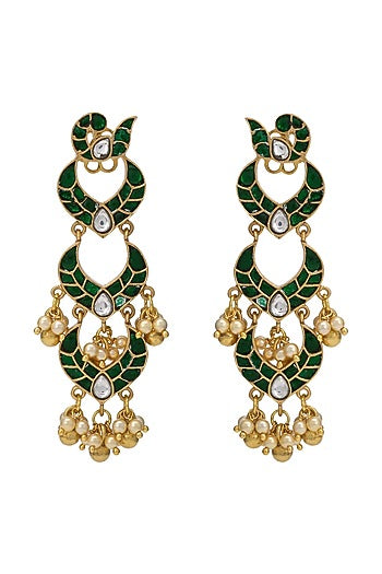 Gold Finish Green Stone Earrings In Sterling Silver