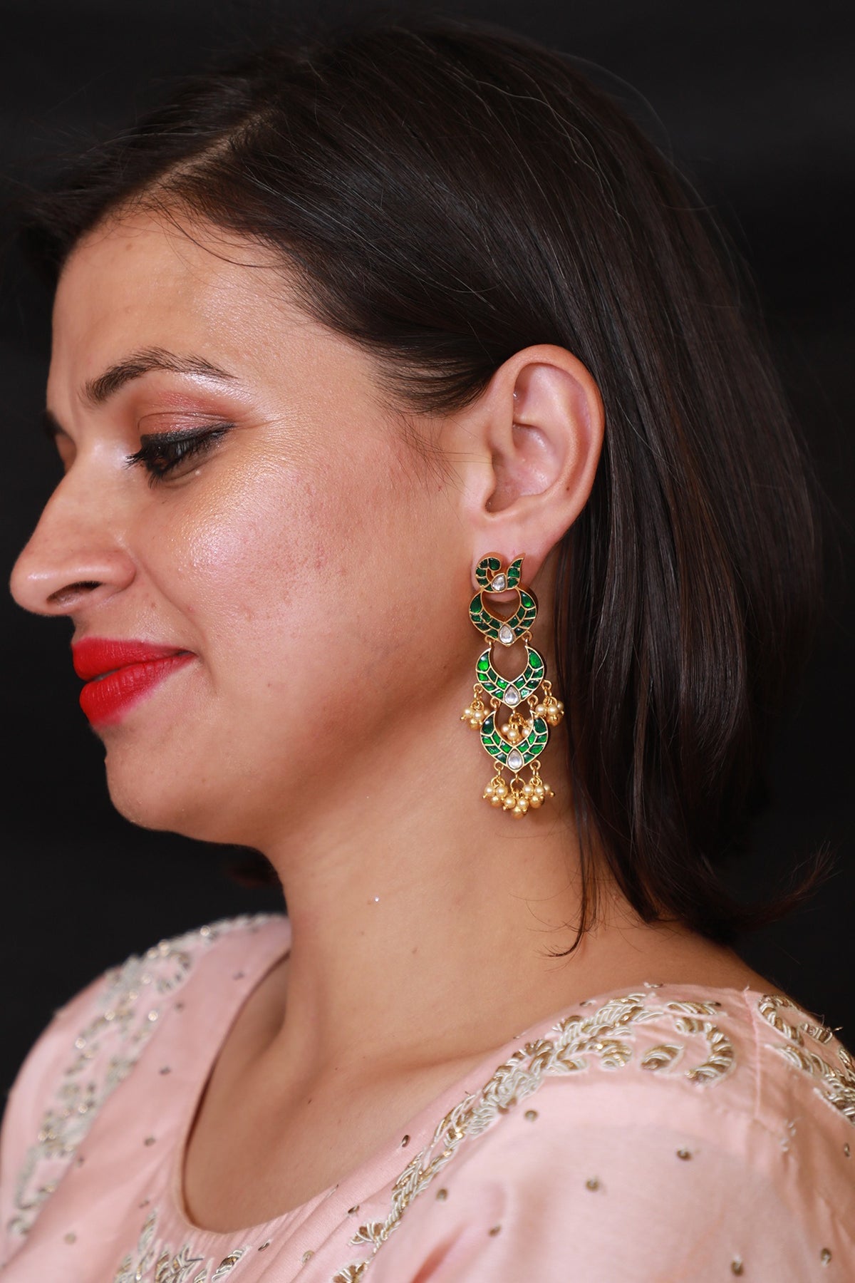 Gold Finish Green Stone Earrings In Sterling Silver