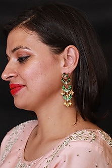 Gold Finish Green Stone Earrings In Sterling Silver