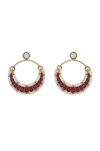 Gold Finish Pink Stone Earrings In Sterling Silver