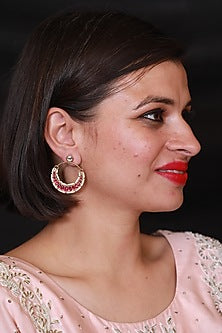 Gold Finish Pink Stone Earrings In Sterling Silver
